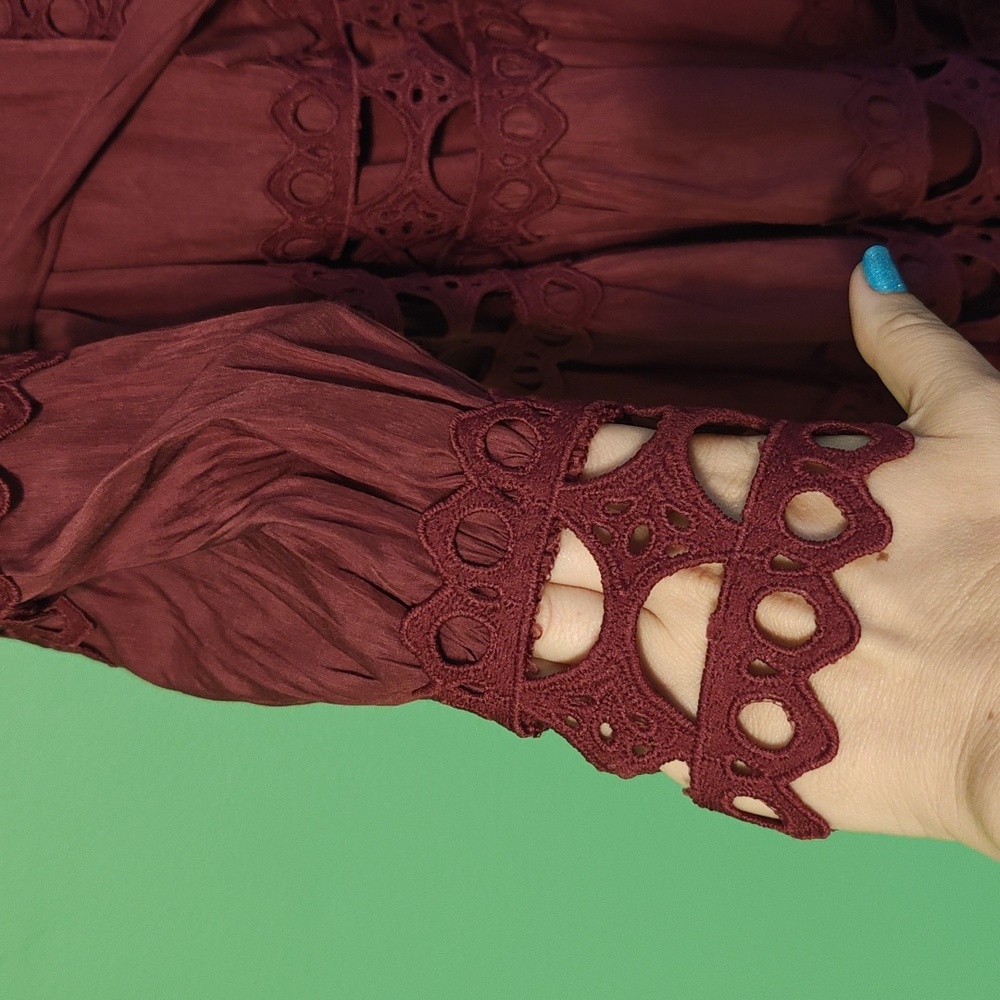 Burgundy Long Sleeve Crochet Trim Dress - Picture 5 of 15
